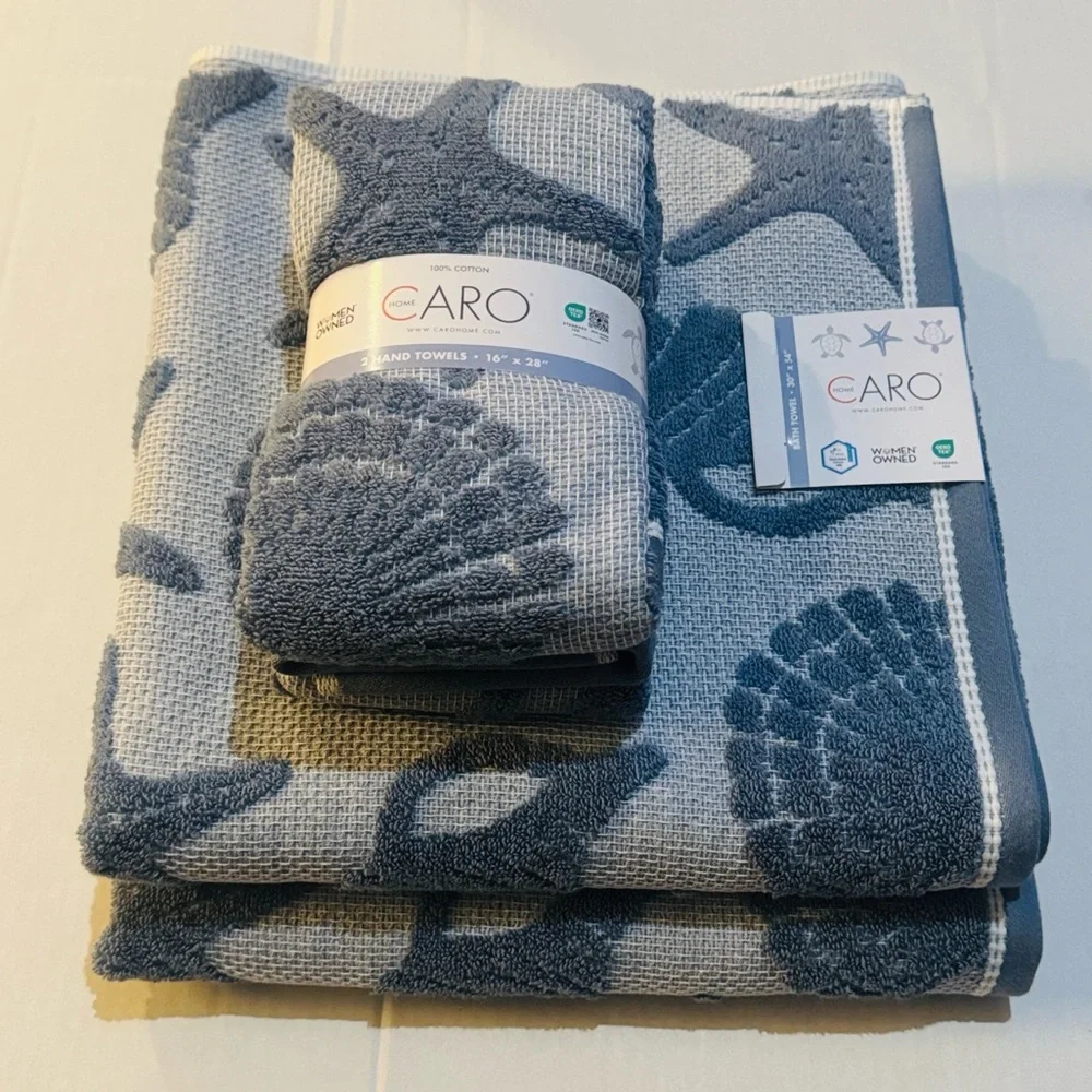 4pc CARO HOME Seashore Pique Bath Towel Set - Starfish/Seashell Design - Blue